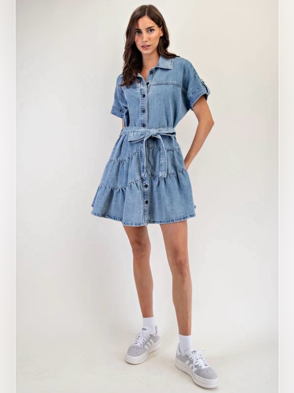 A467. Light Blue Denim Shirt Dress with Belt
